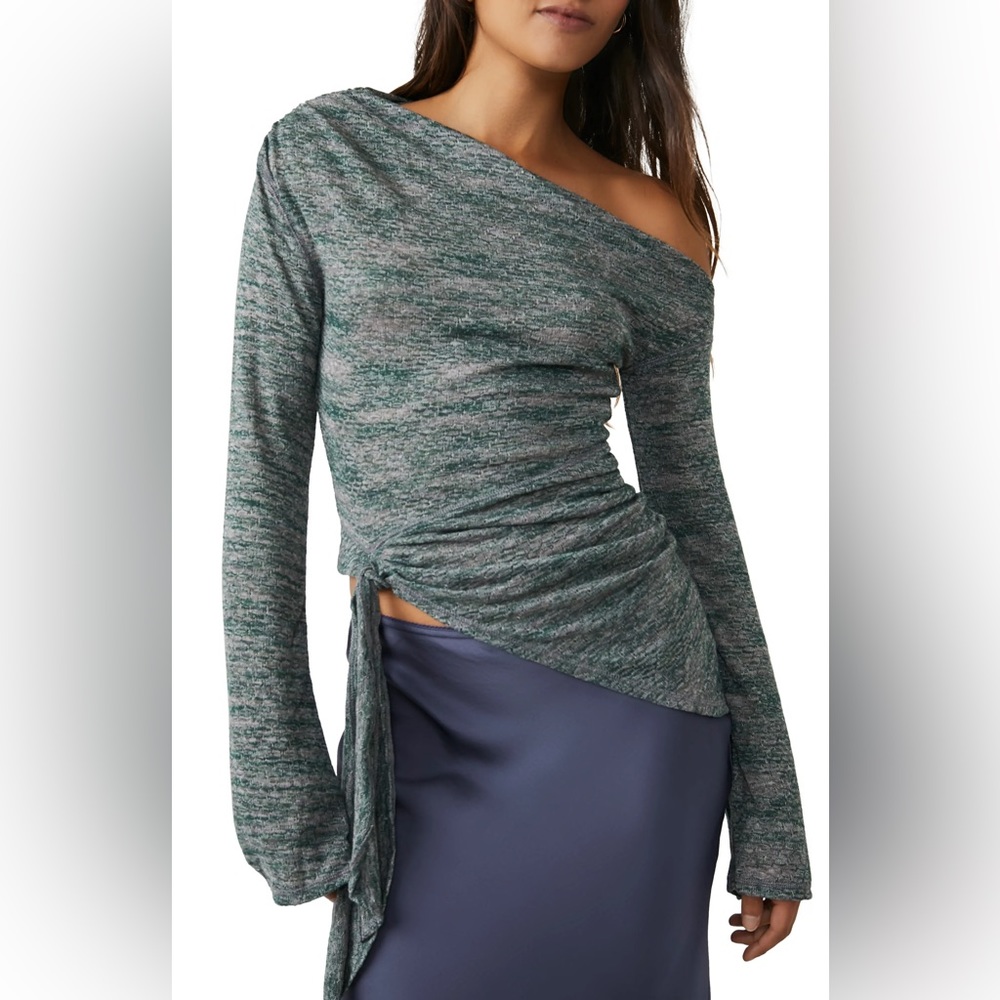 Free People Heathered Green One-Shoulder Tie-Waist Top